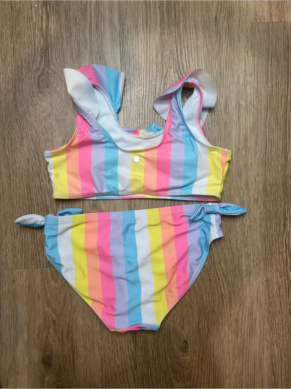 Justice Multicolor Stripe Ruffle Strap Two-Piece Bikini - Pink Blue Yellow